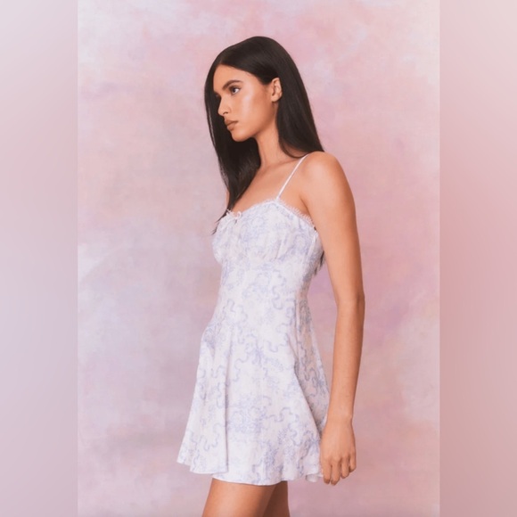 Love Shack Fancy Shai Linen Lace Ribbon Bow Mini Dress Blissful Blue White - Picture 9 of 15